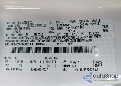 2015 Ford Escape Se из США, поврежденный, VIN 1FMCU9GX1FUB60698